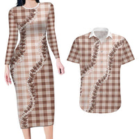 Beige Hawaii Palaka Couples Matching Long Sleeve Bodycon Dress and Hawaiian Shirt Hawaiian Pikake Lei