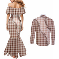 Beige Hawaii Palaka Couples Matching Mermaid Dress and Long Sleeve Button Shirt Hawaiian Pikake Lei