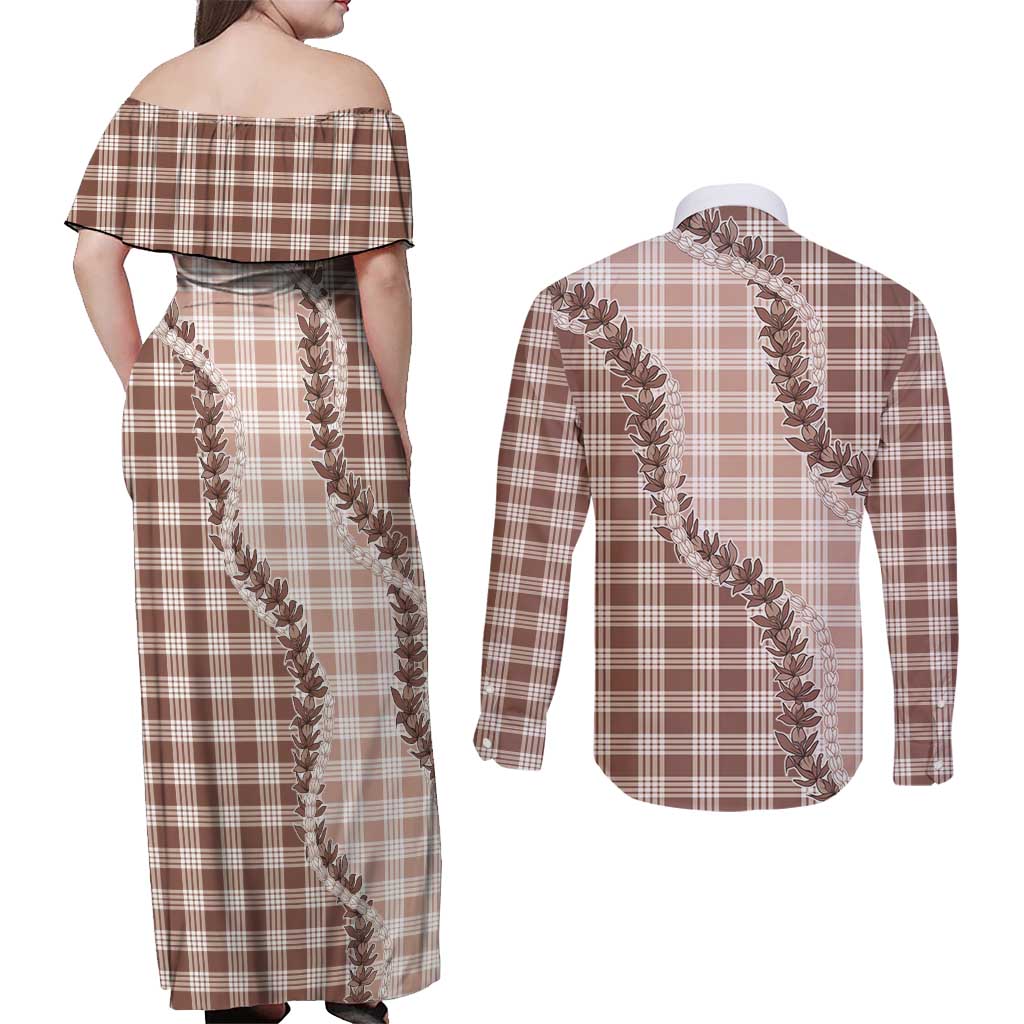 Beige Hawaii Palaka Couples Matching Off Shoulder Maxi Dress and Long Sleeve Button Shirt Hawaiian Pikake Lei