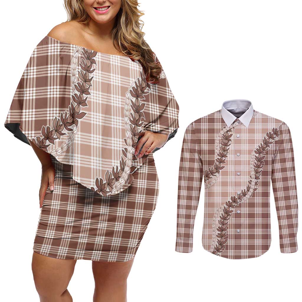 Beige Hawaii Palaka Couples Matching Off Shoulder Short Dress and Long Sleeve Button Shirt Hawaiian Pikake Lei