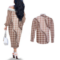 Beige Hawaii Palaka Couples Matching Off The Shoulder Long Sleeve Dress and Long Sleeve Button Shirt Hawaiian Pikake Lei