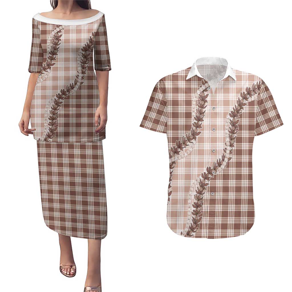 Beige Hawaii Palaka Couples Matching Puletasi and Hawaiian Shirt Hawaiian Pikake Lei