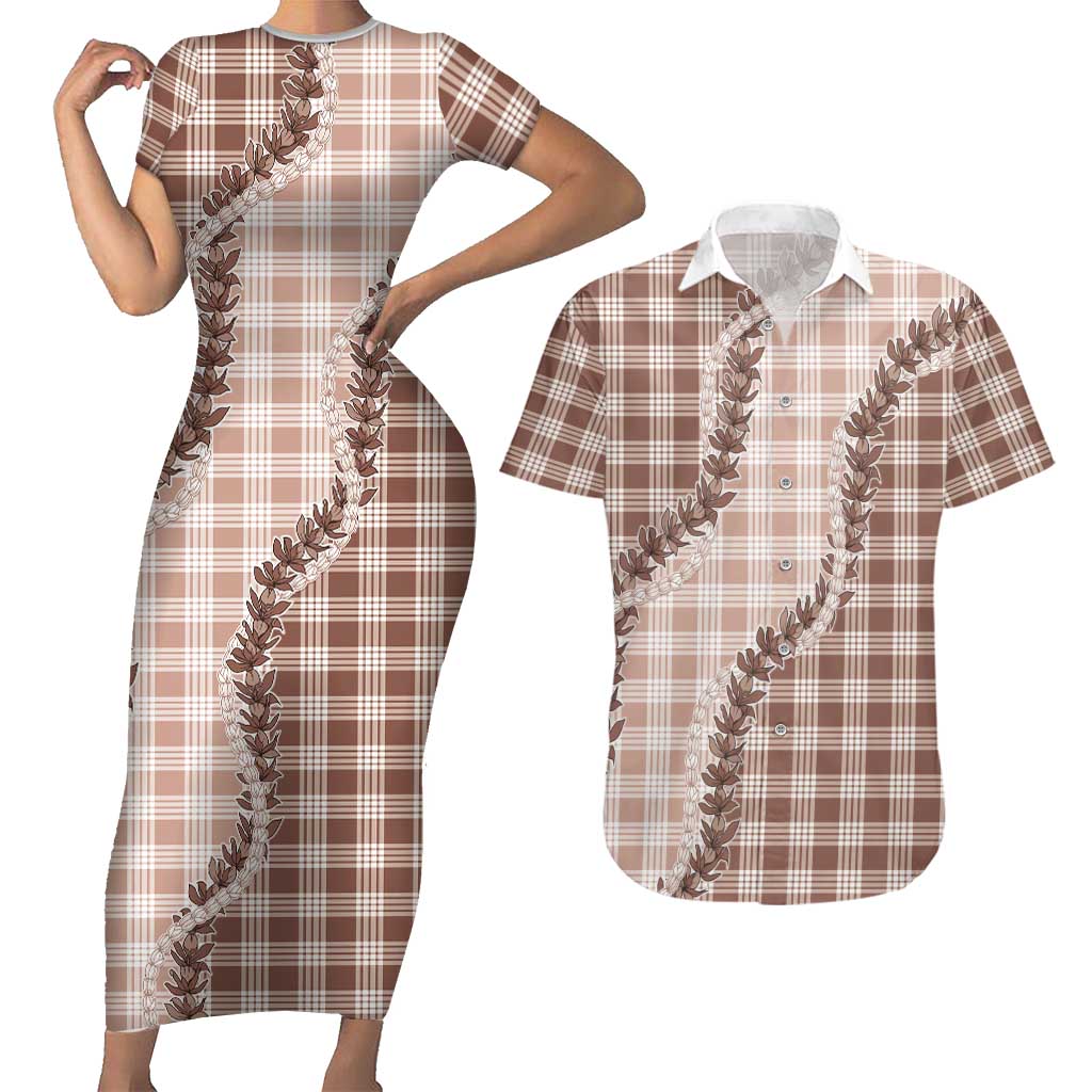 Beige Hawaii Palaka Couples Matching Short Sleeve Bodycon Dress and Hawaiian Shirt Hawaiian Pikake Lei