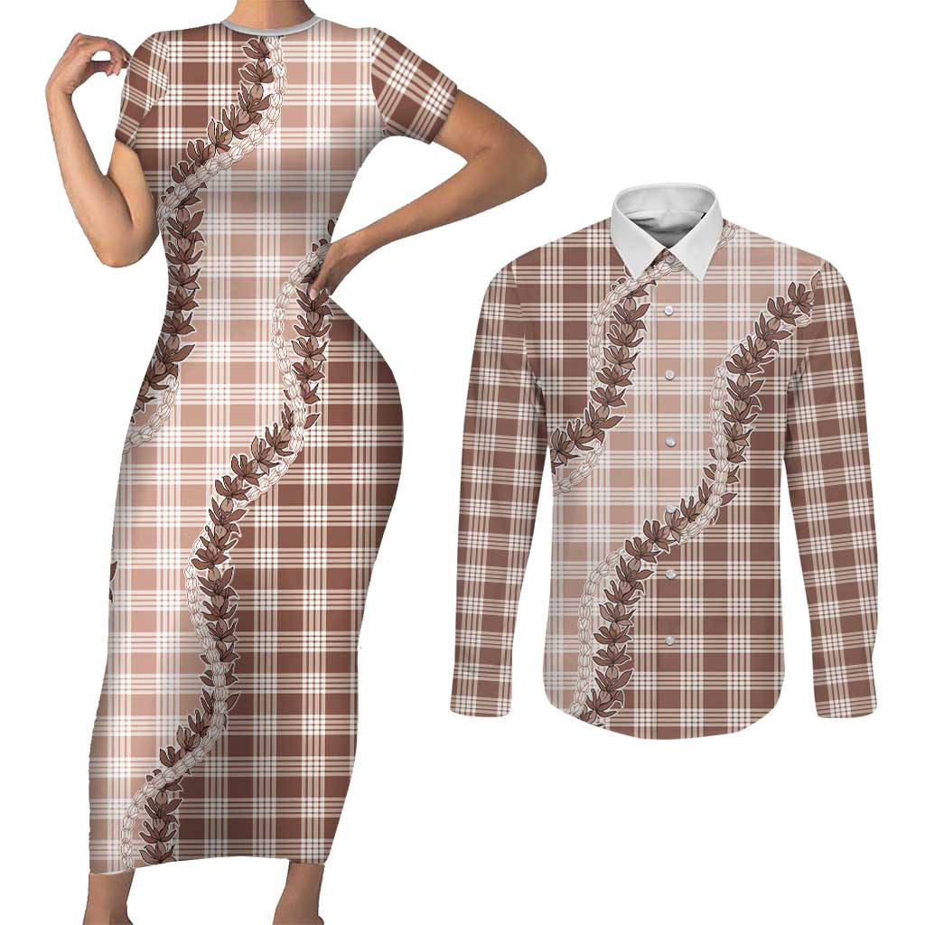 Beige Hawaii Palaka Couples Matching Short Sleeve Bodycon Dress and Long Sleeve Button Shirt Hawaiian Pikake Lei
