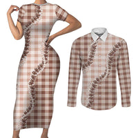 Beige Hawaii Palaka Couples Matching Short Sleeve Bodycon Dress and Long Sleeve Button Shirt Hawaiian Pikake Lei