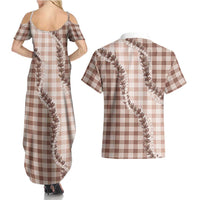 Beige Hawaii Palaka Couples Matching Summer Maxi Dress and Hawaiian Shirt Hawaiian Pikake Lei