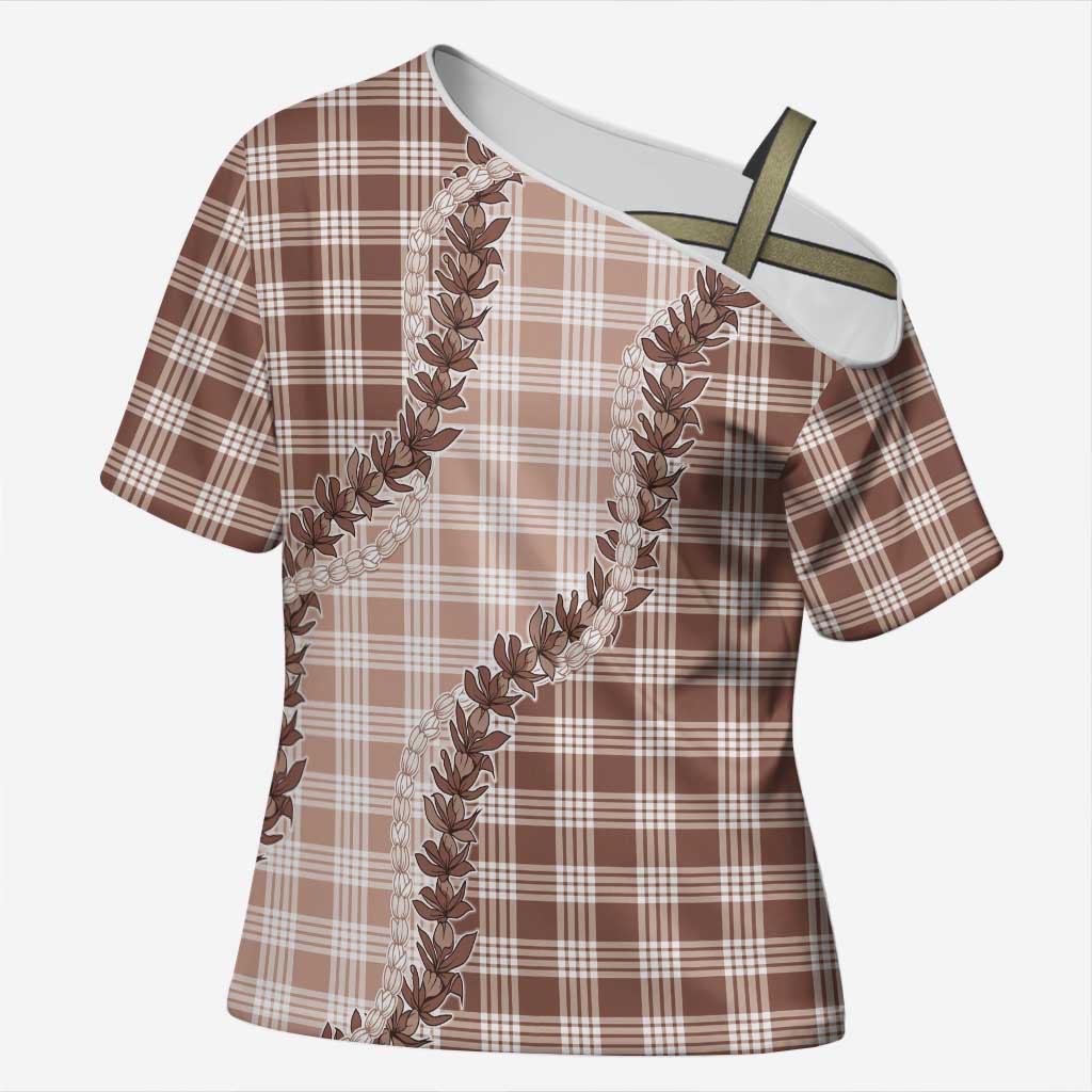 Beige Hawaii Palaka Cross Shoulder Shirt Hawaiian Pikake Lei