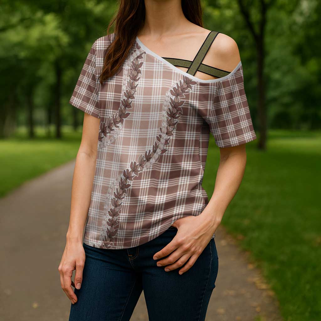 Beige Hawaii Palaka Cross Shoulder Shirt Hawaiian Pikake Lei