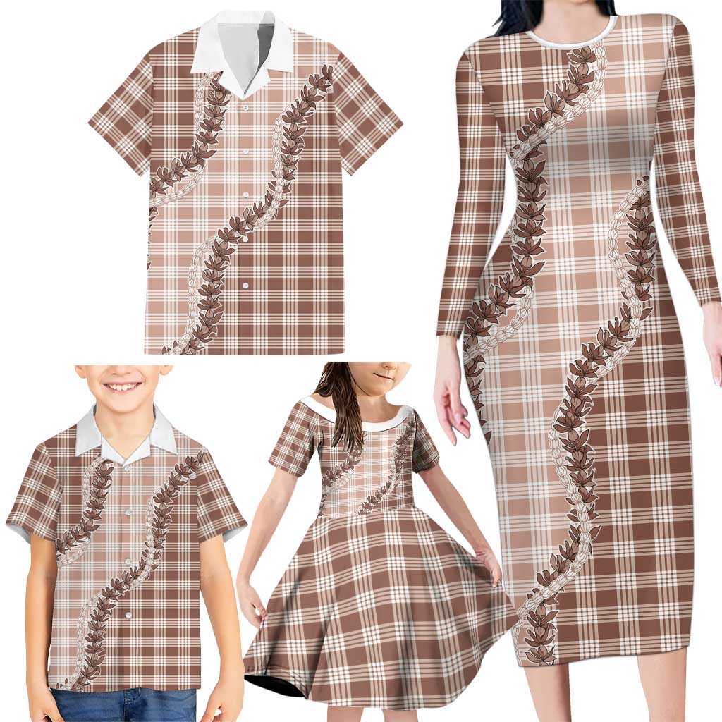 Beige Hawaii Palaka Family Matching Long Sleeve Bodycon Dress and Hawaiian Shirt Hawaiian Pikake Lei LT05 - Polynesian Pride