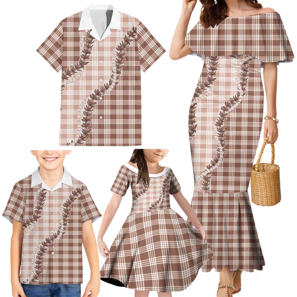 Beige Hawaii Palaka Family Matching Mermaid Dress and Hawaiian Shirt Hawaiian Pikake Lei