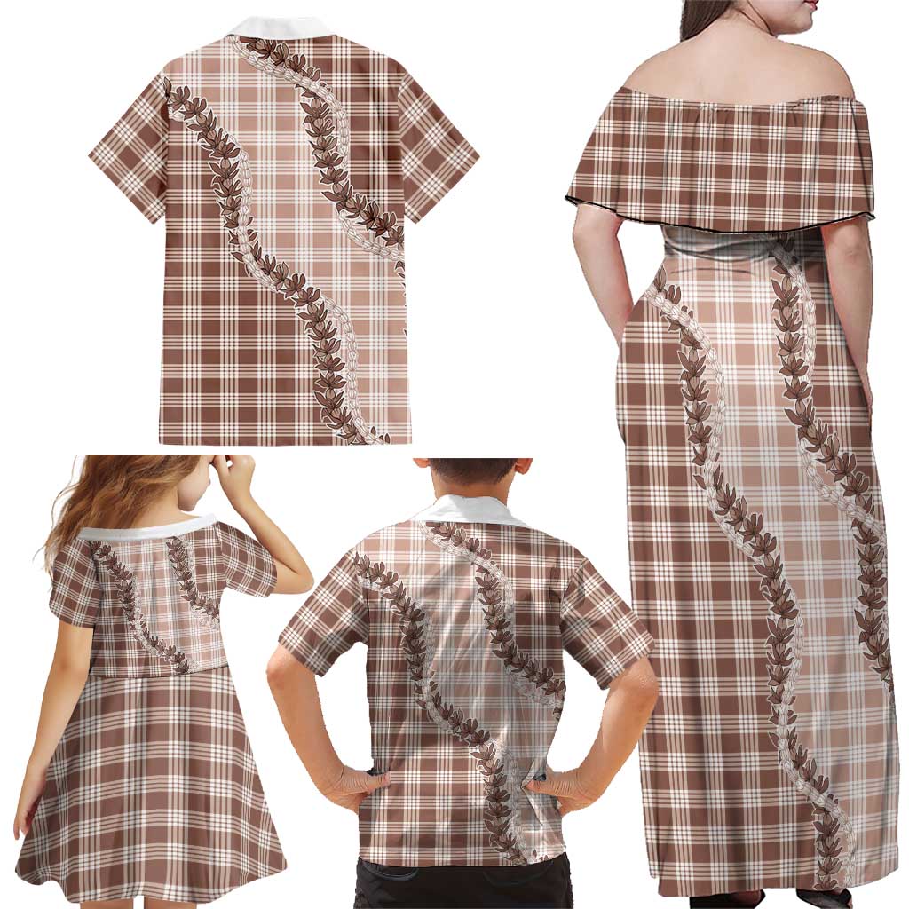 Beige Hawaii Palaka Family Matching Off Shoulder Maxi Dress and Hawaiian Shirt Hawaiian Pikake Lei LT05 - Polynesian Pride