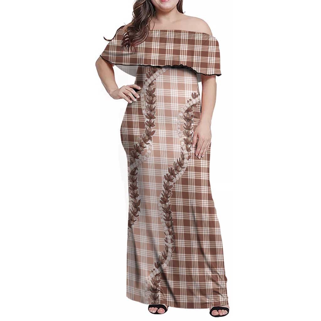 Beige Hawaii Palaka Family Matching Off Shoulder Maxi Dress and Hawaiian Shirt Hawaiian Pikake Lei LT05 Mom's Dress Beige - Polynesian Pride