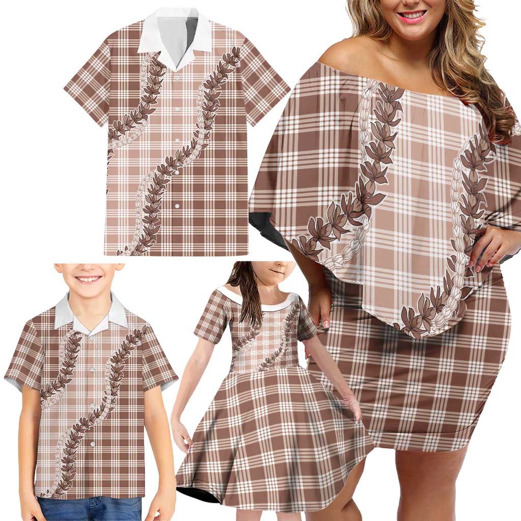 Beige Hawaii Palaka Family Matching Off Shoulder Short Dress and Hawaiian Shirt Hawaiian Pikake Lei LT05 - Polynesian Pride
