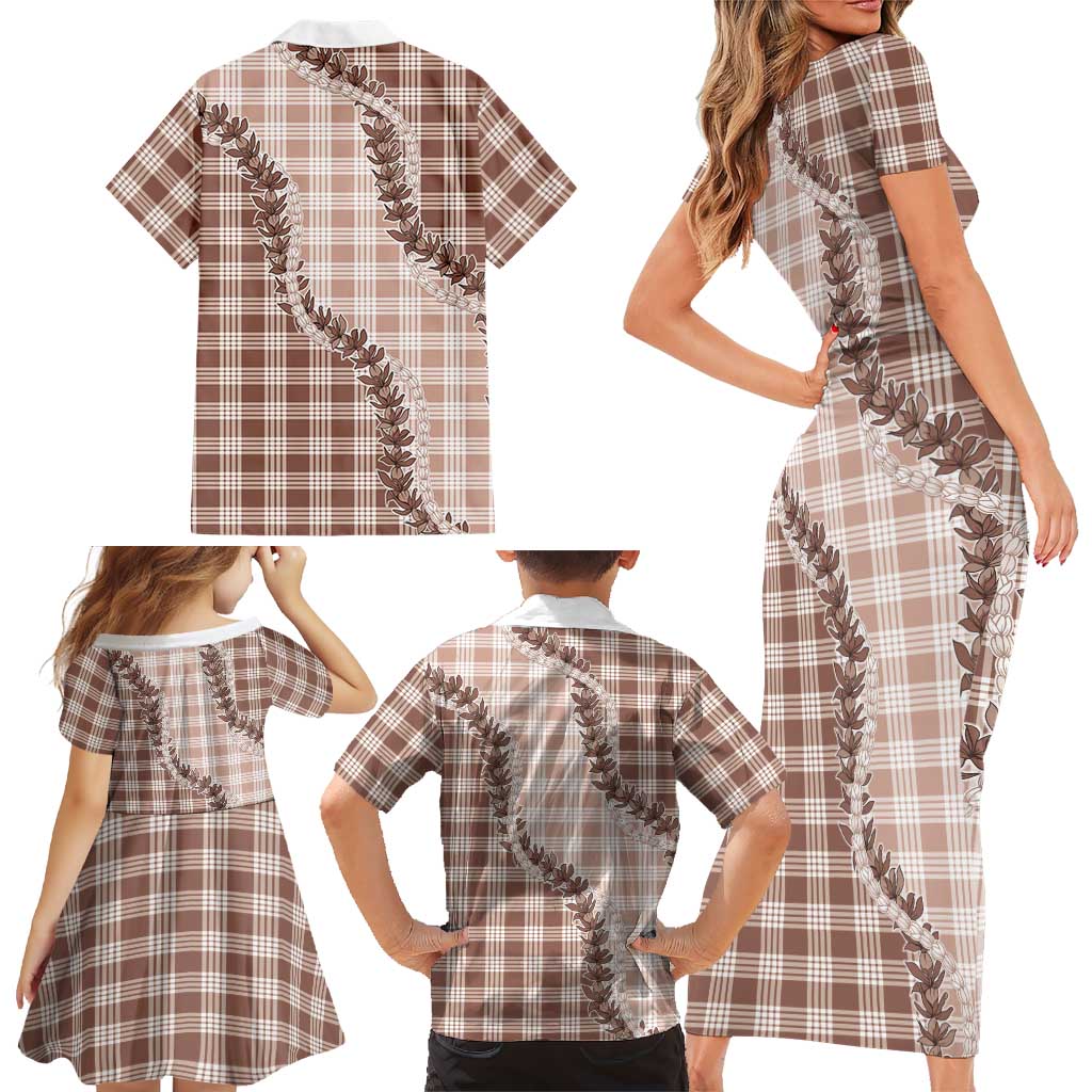 Beige Hawaii Palaka Family Matching Short Sleeve Bodycon Dress and Hawaiian Shirt Hawaiian Pikake Lei LT05 - Polynesian Pride