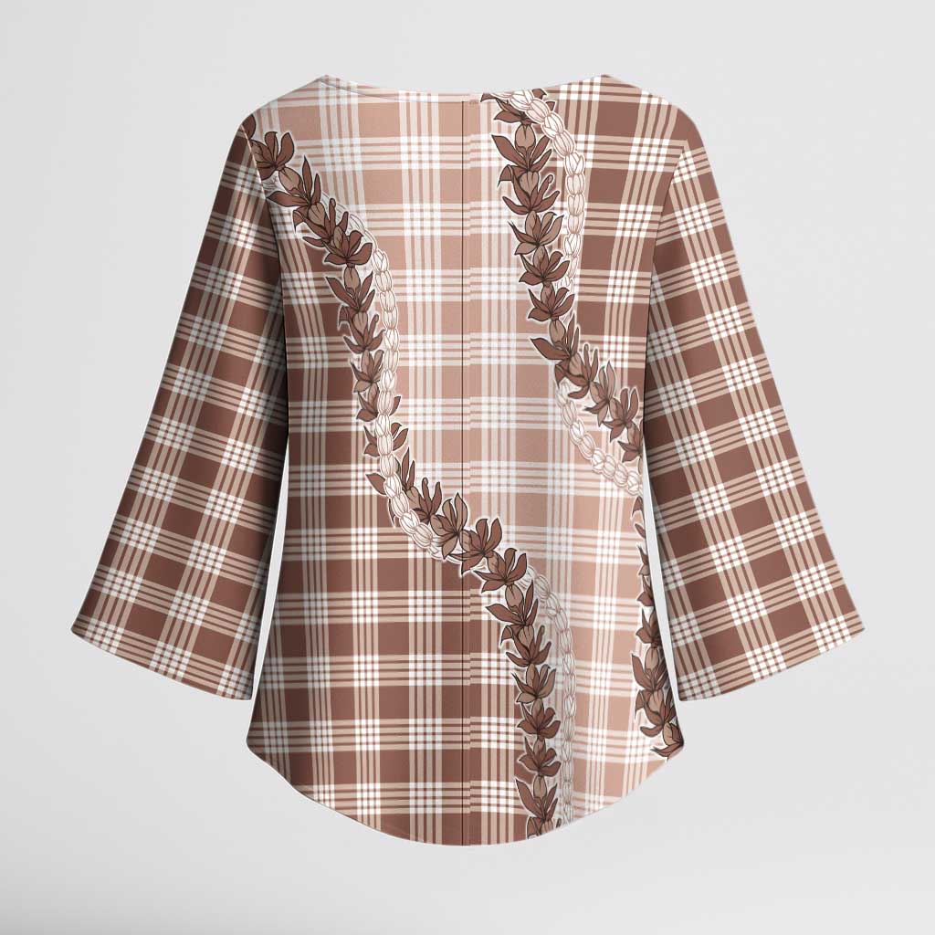 Beige Hawaii Palaka Kimono Sleeve Blouse Hawaiian Pikake Lei