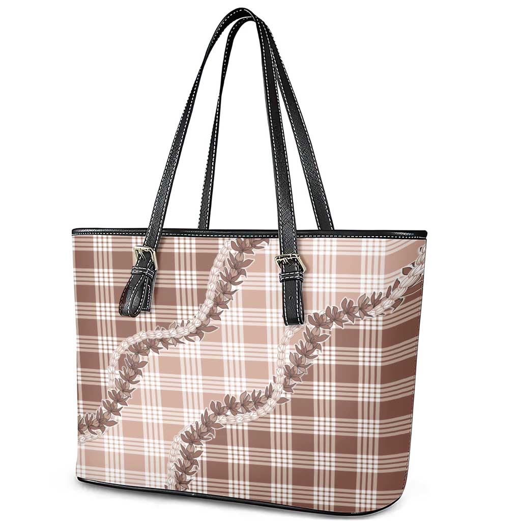 Beige Hawaii Palaka Leather Tote Bag Hawaiian Pikake Lei