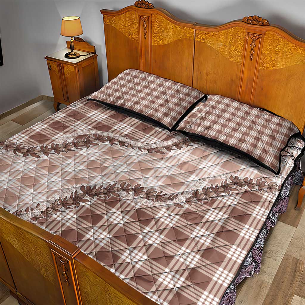 Beige Hawaii Palaka Quilt Bed Set Hawaiian Pikake Lei