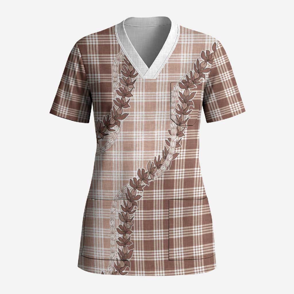 Beige Hawaii Palaka Scrub Top Hawaiian Pikake Lei