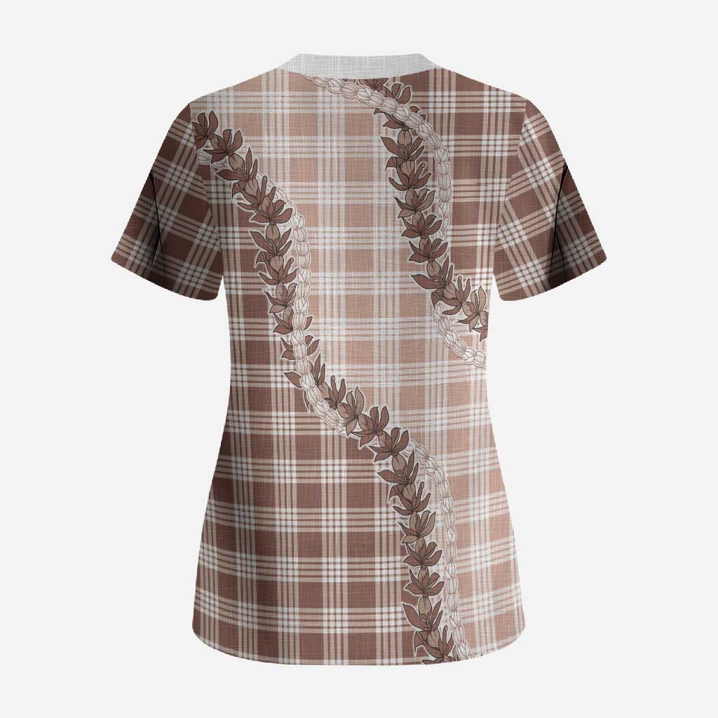 Beige Hawaii Palaka Scrub Top Hawaiian Pikake Lei