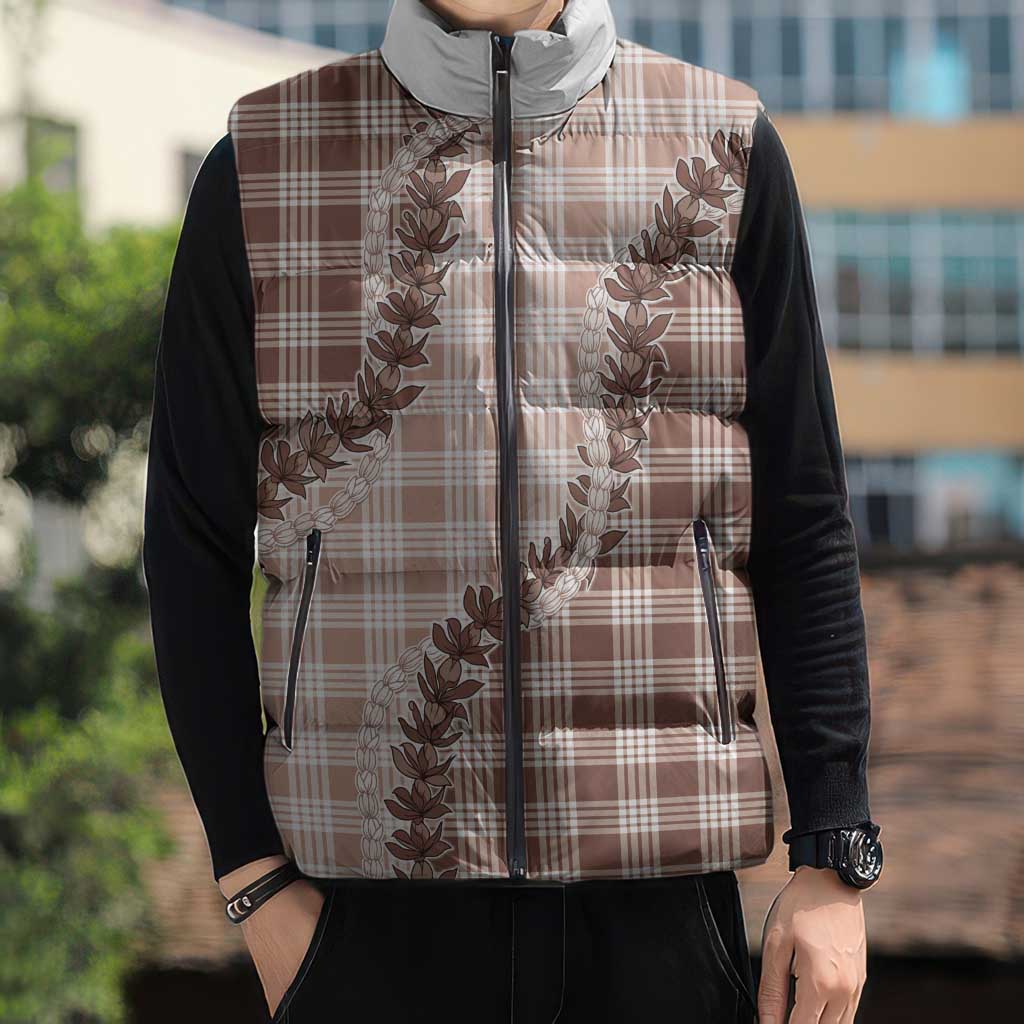 Beige Hawaii Palaka Sleeveless Puffer Jacket Hawaiian Pikake Lei