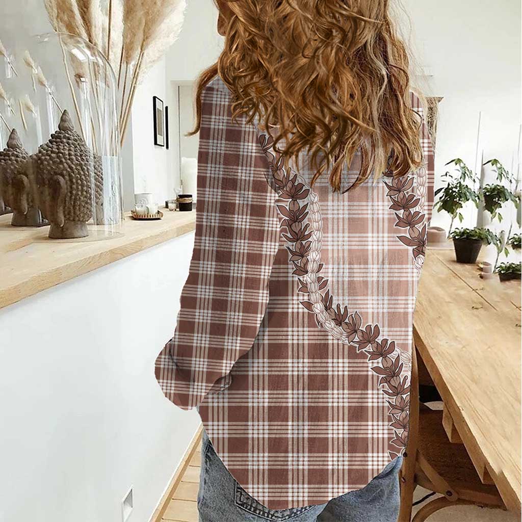 Beige Hawaii Palaka Women Casual Shirt Hawaiian Pikake Lei