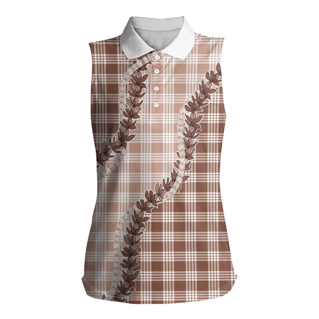 Beige Hawaii Palaka Women Sleeveless Polo Shirt Hawaiian Pikake Lei