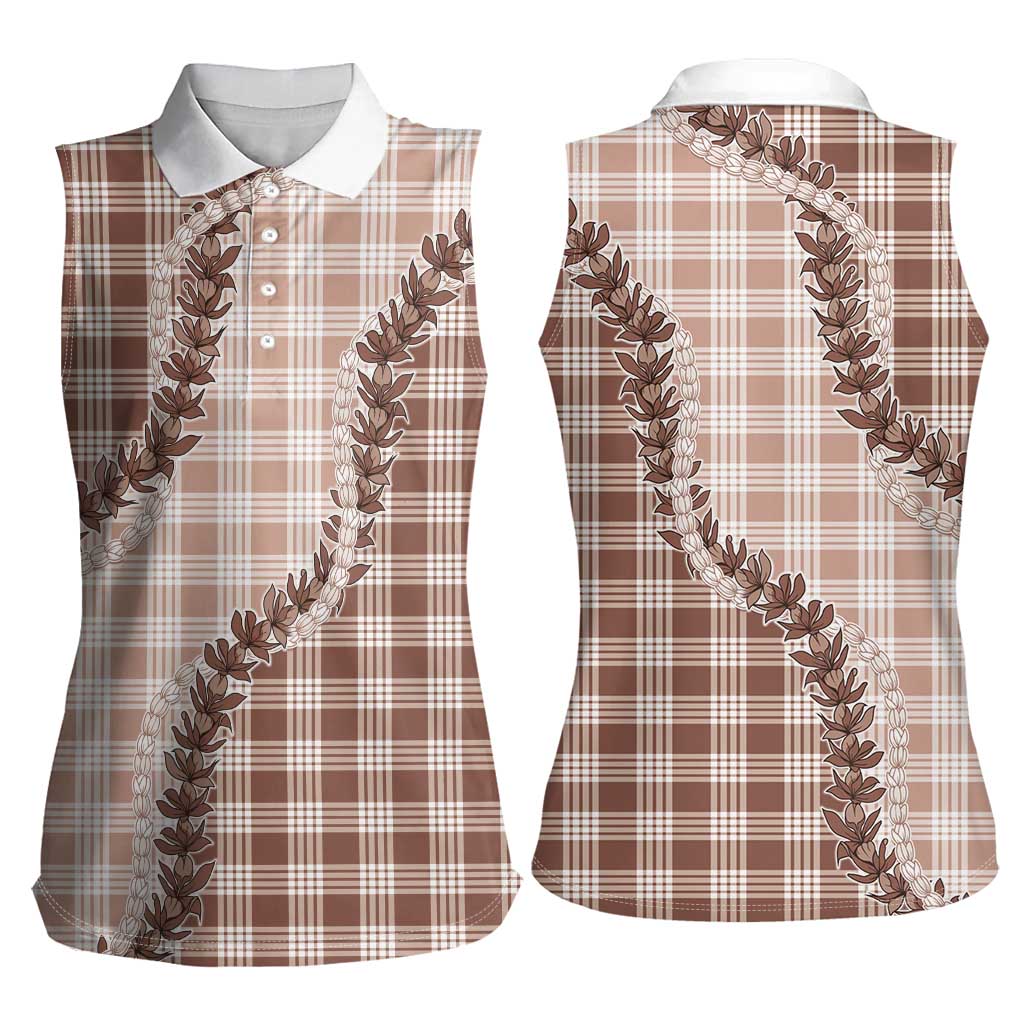 Beige Hawaii Palaka Women Sleeveless Polo Shirt Hawaiian Pikake Lei