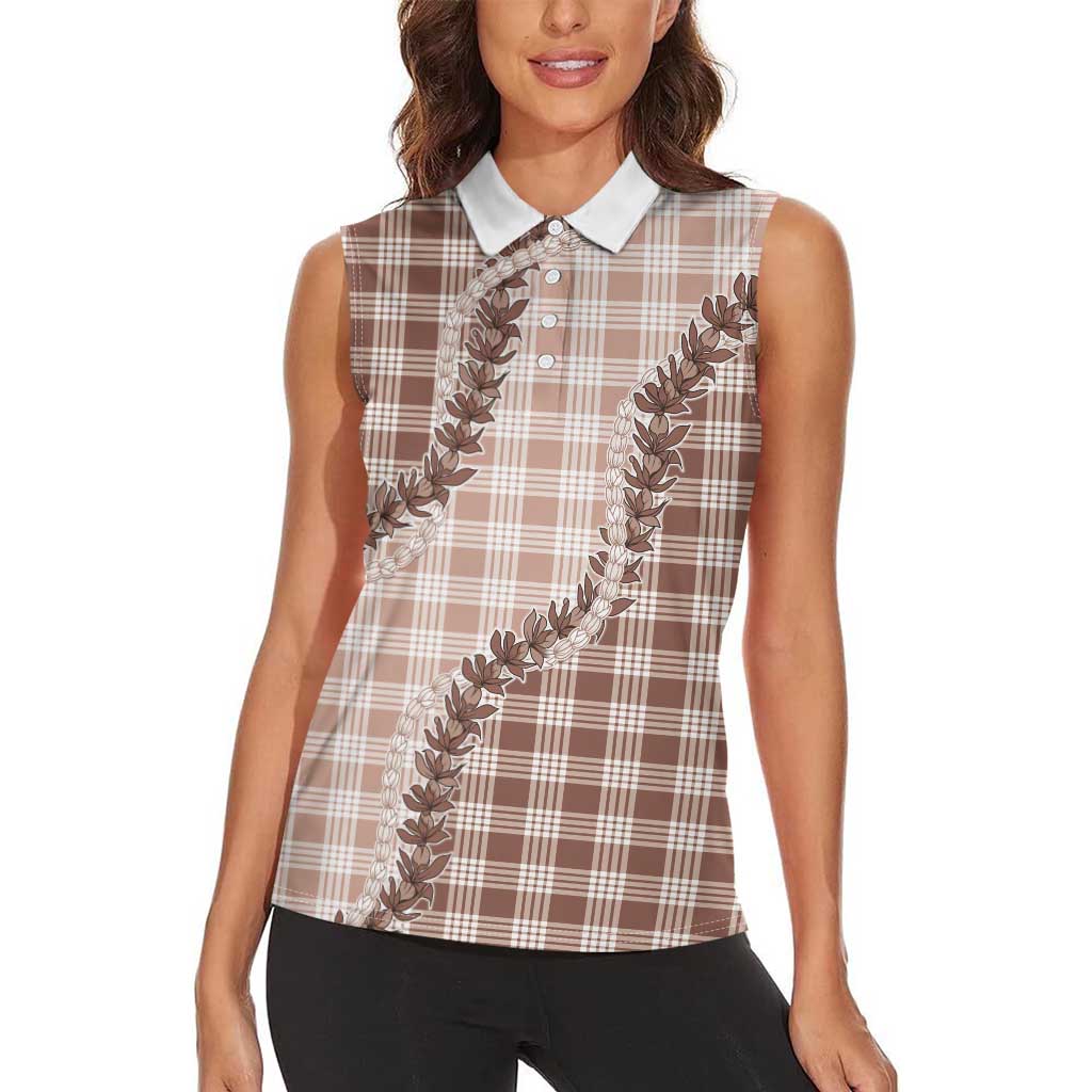 Beige Hawaii Palaka Women Sleeveless Polo Shirt Hawaiian Pikake Lei