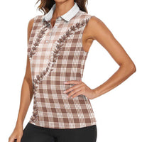 Beige Hawaii Palaka Women Sleeveless Polo Shirt Hawaiian Pikake Lei