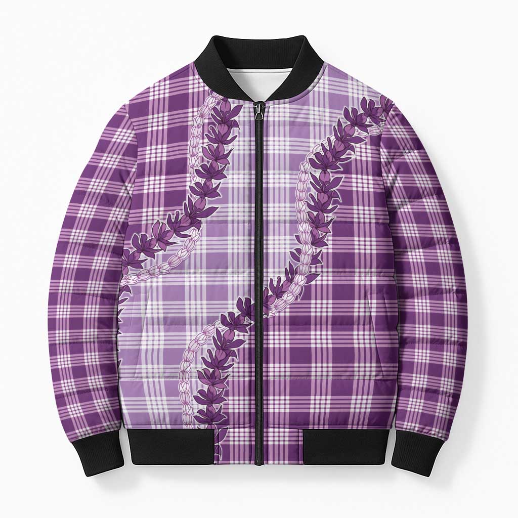 Violet Hawaii Palaka Bomber Puffer Jacket Hawaiian Pikake Lei
