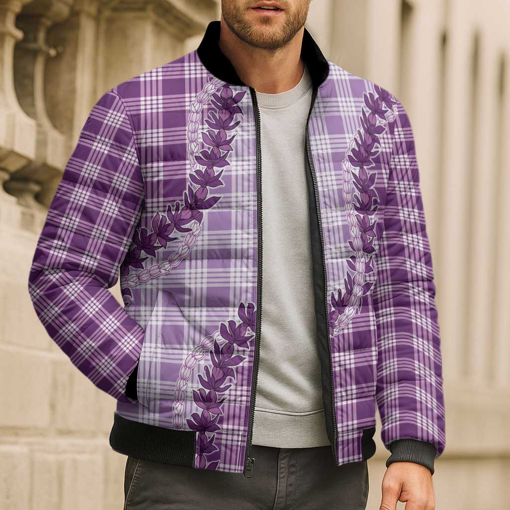 Violet Hawaii Palaka Bomber Puffer Jacket Hawaiian Pikake Lei