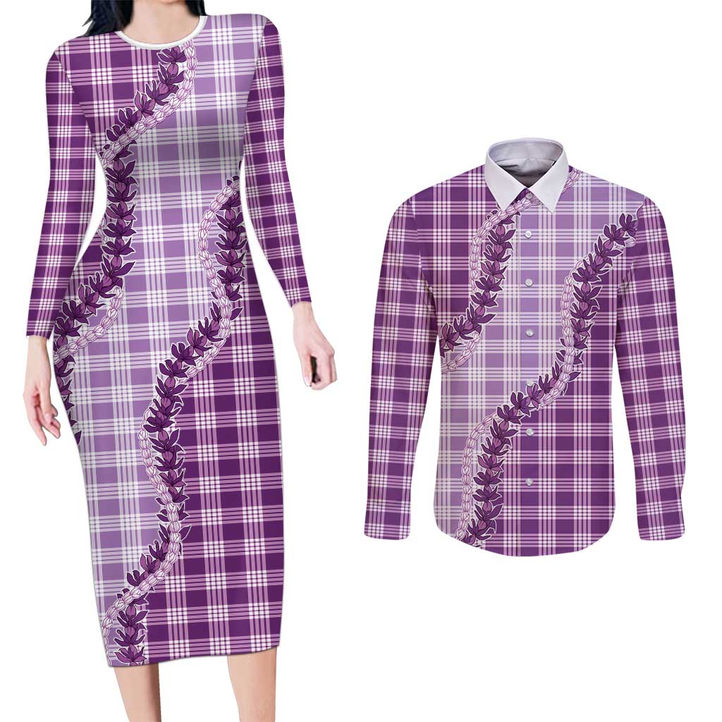 Violet Hawaii Palaka Couples Matching Long Sleeve Bodycon Dress and Long Sleeve Button Shirt Hawaiian Pikake Lei