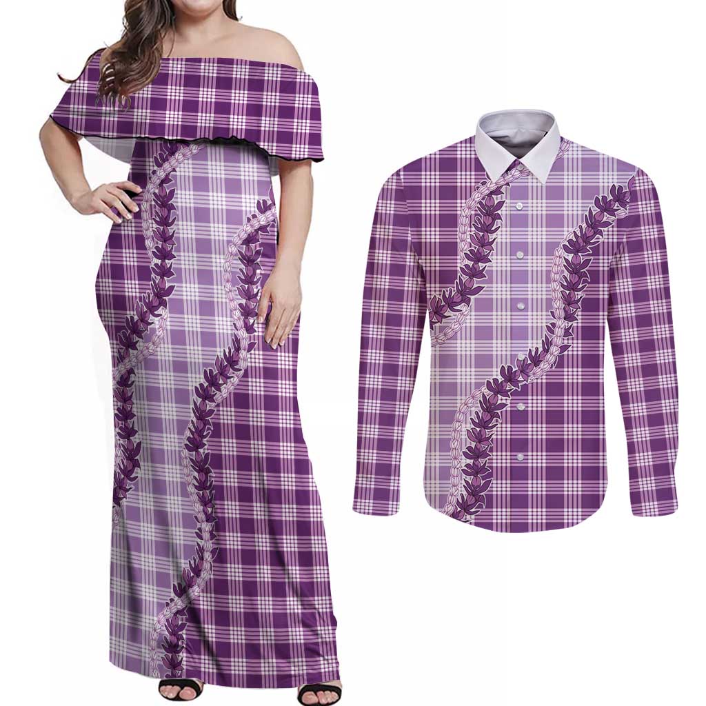 Violet Hawaii Palaka Couples Matching Off Shoulder Maxi Dress and Long Sleeve Button Shirt Hawaiian Pikake Lei