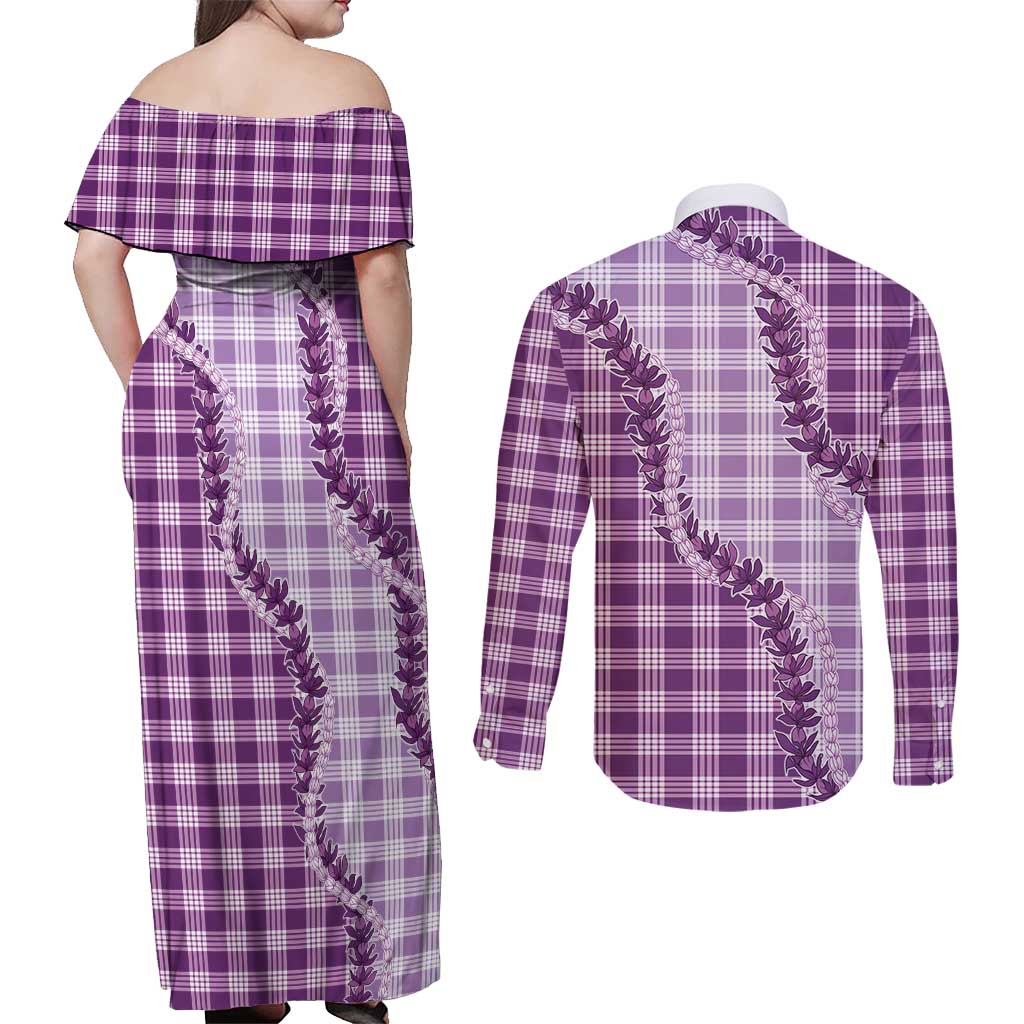 Violet Hawaii Palaka Couples Matching Off Shoulder Maxi Dress and Long Sleeve Button Shirt Hawaiian Pikake Lei