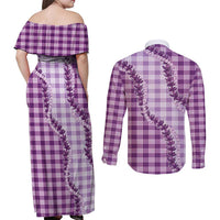 Violet Hawaii Palaka Couples Matching Off Shoulder Maxi Dress and Long Sleeve Button Shirt Hawaiian Pikake Lei