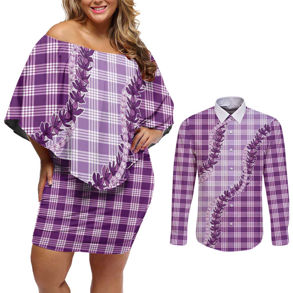 Violet Hawaii Palaka Couples Matching Off Shoulder Short Dress and Long Sleeve Button Shirt Hawaiian Pikake Lei