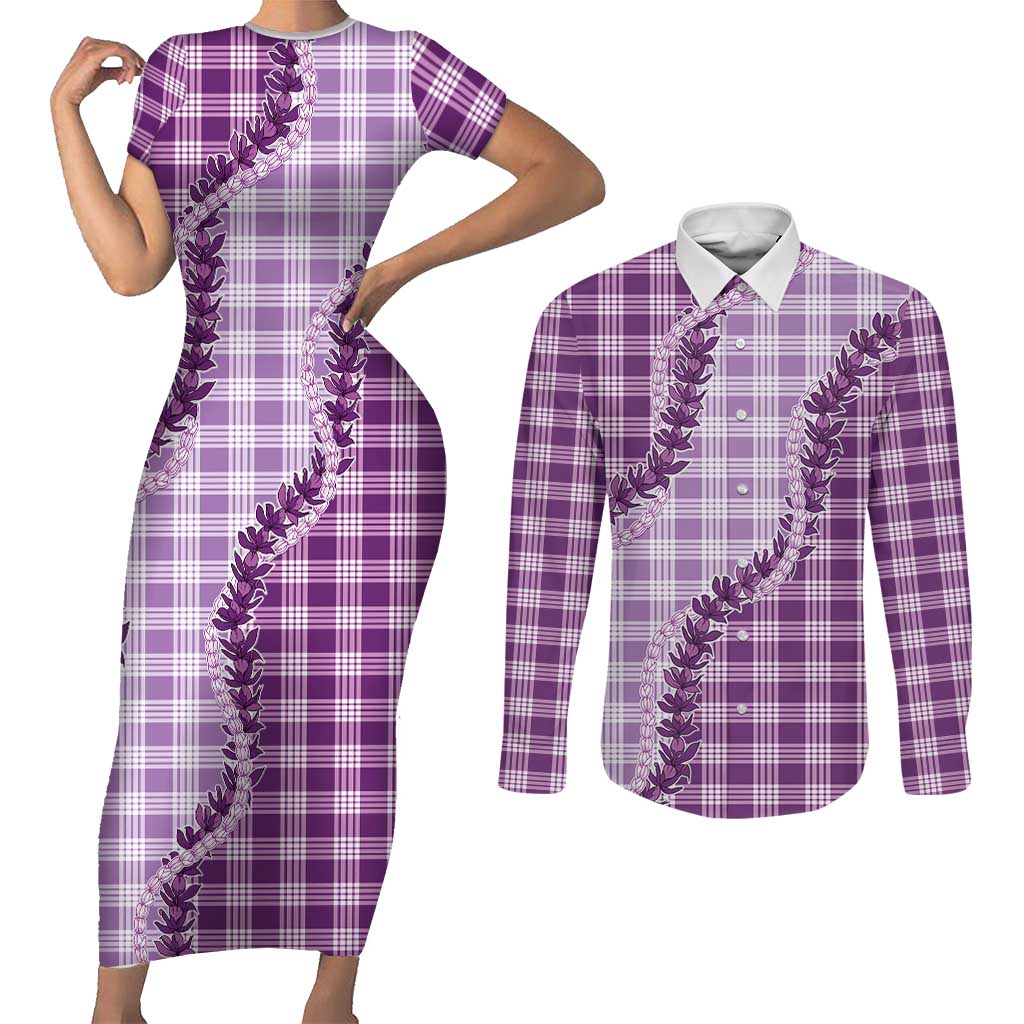 Violet Hawaii Palaka Couples Matching Short Sleeve Bodycon Dress and Long Sleeve Button Shirt Hawaiian Pikake Lei