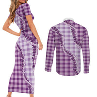 Violet Hawaii Palaka Couples Matching Short Sleeve Bodycon Dress and Long Sleeve Button Shirt Hawaiian Pikake Lei