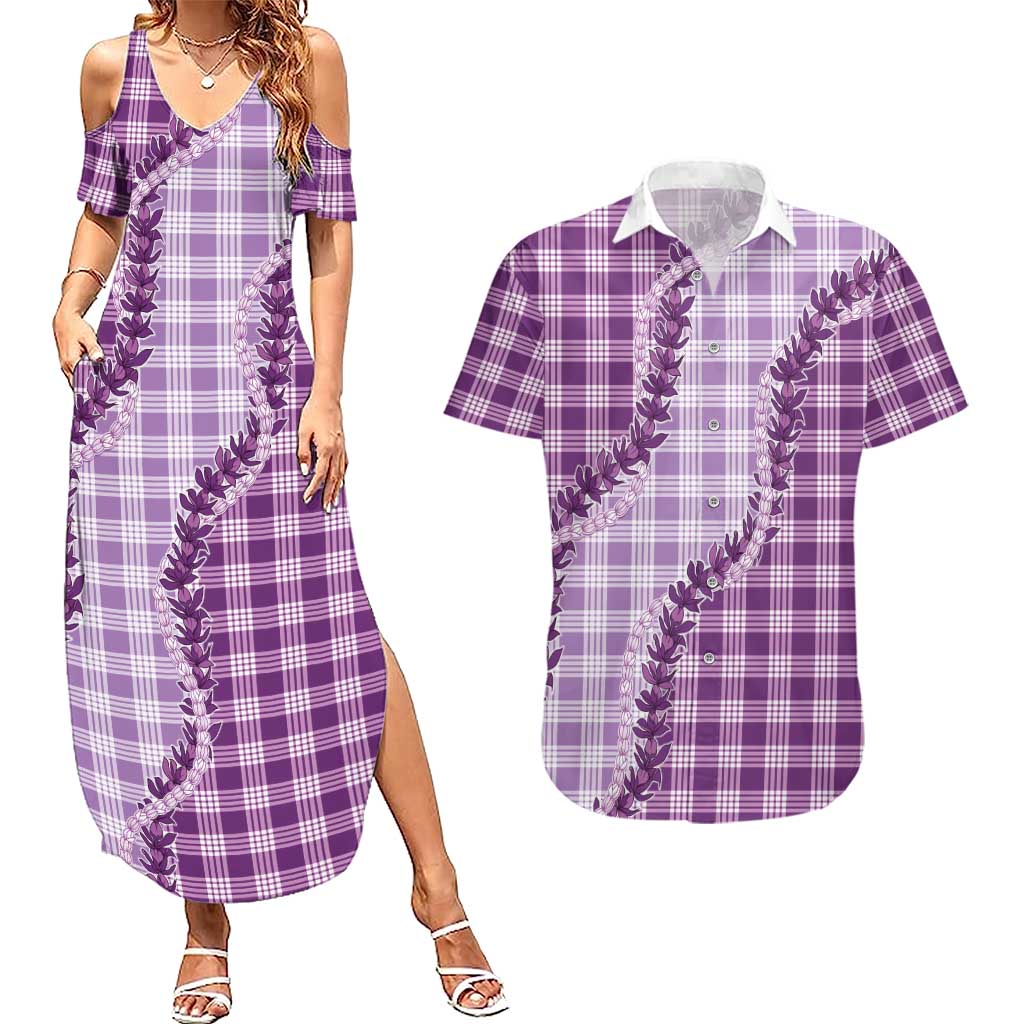 Violet Hawaii Palaka Couples Matching Summer Maxi Dress and Hawaiian Shirt Hawaiian Pikake Lei