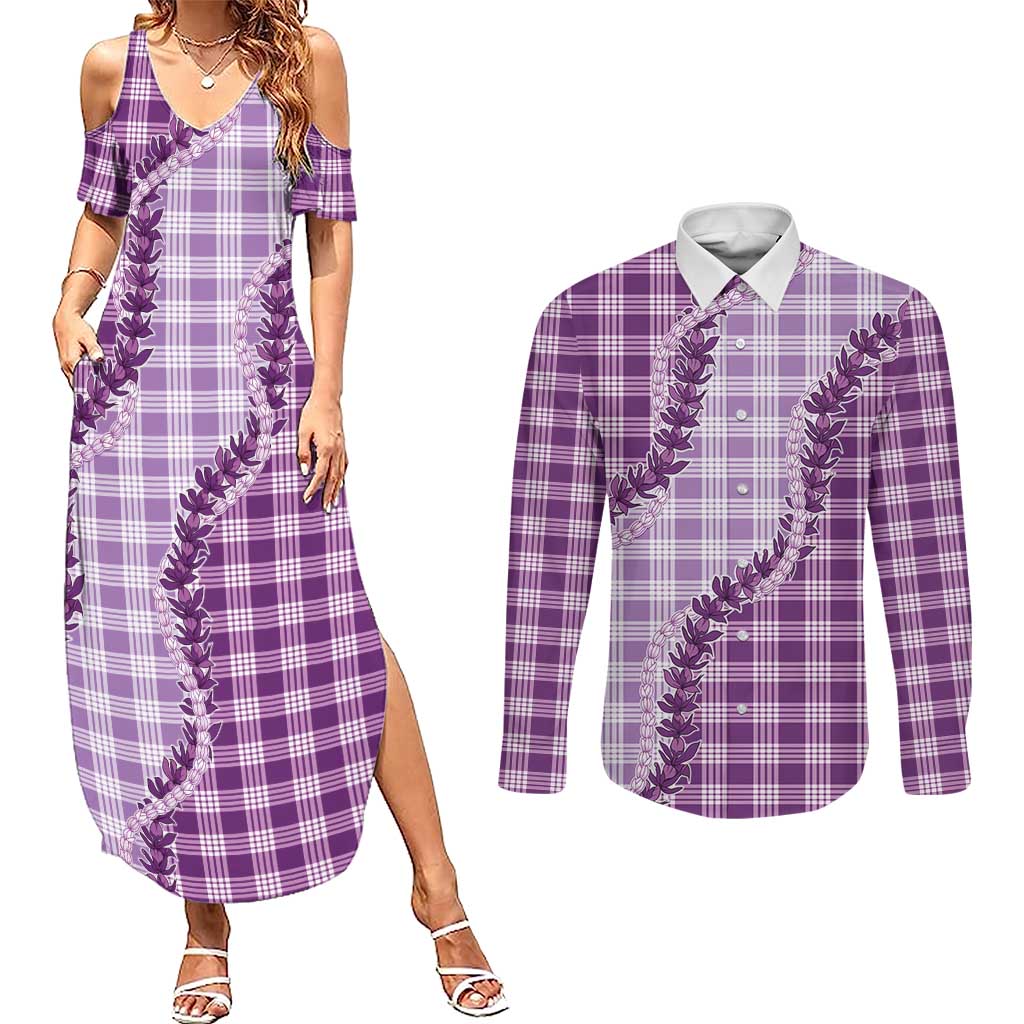 Violet Hawaii Palaka Couples Matching Summer Maxi Dress and Long Sleeve Button Shirt Hawaiian Pikake Lei