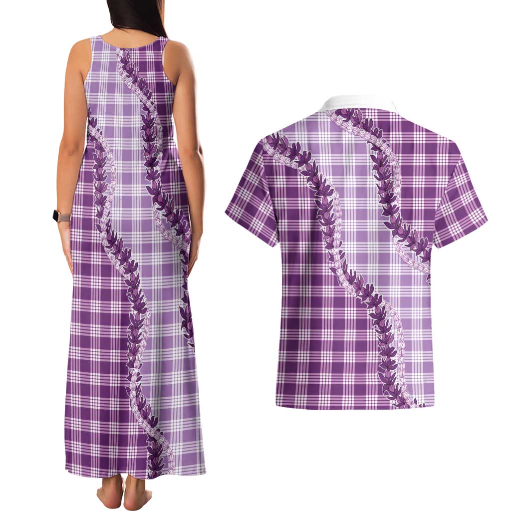 Violet Hawaii Palaka Couples Matching Tank Maxi Dress and Hawaiian Shirt Hawaiian Pikake Lei