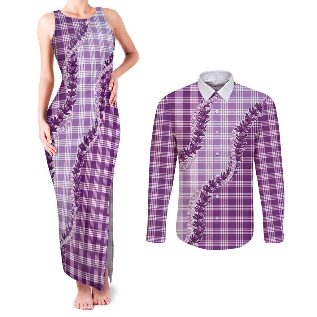 Violet Hawaii Palaka Couples Matching Tank Maxi Dress and Long Sleeve Button Shirt Hawaiian Pikake Lei