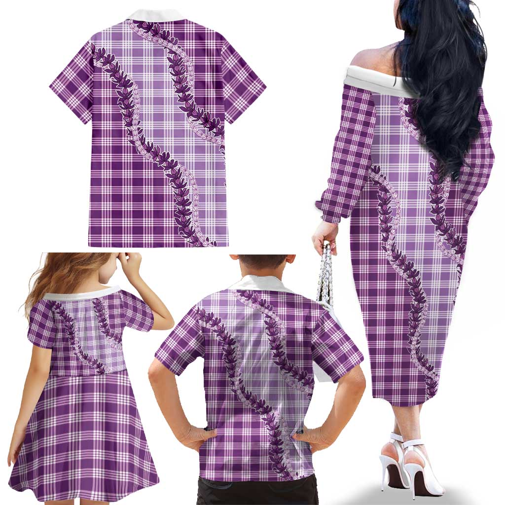 Violet Hawaii Palaka Family Matching Off The Shoulder Long Sleeve Dress and Hawaiian Shirt Hawaiian Pikake Lei LT05 - Polynesian Pride