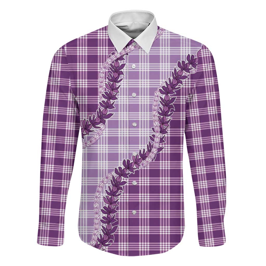 Violet Hawaii Palaka Family Matching Off The Shoulder Long Sleeve Dress and Hawaiian Shirt Hawaiian Pikake Lei LT05 Dad's Shirt - Long Sleeve Violet - Polynesian Pride