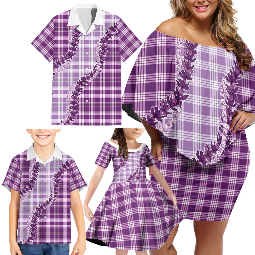 Violet Hawaii Palaka Family Matching Off Shoulder Short Dress and Hawaiian Shirt Hawaiian Pikake Lei