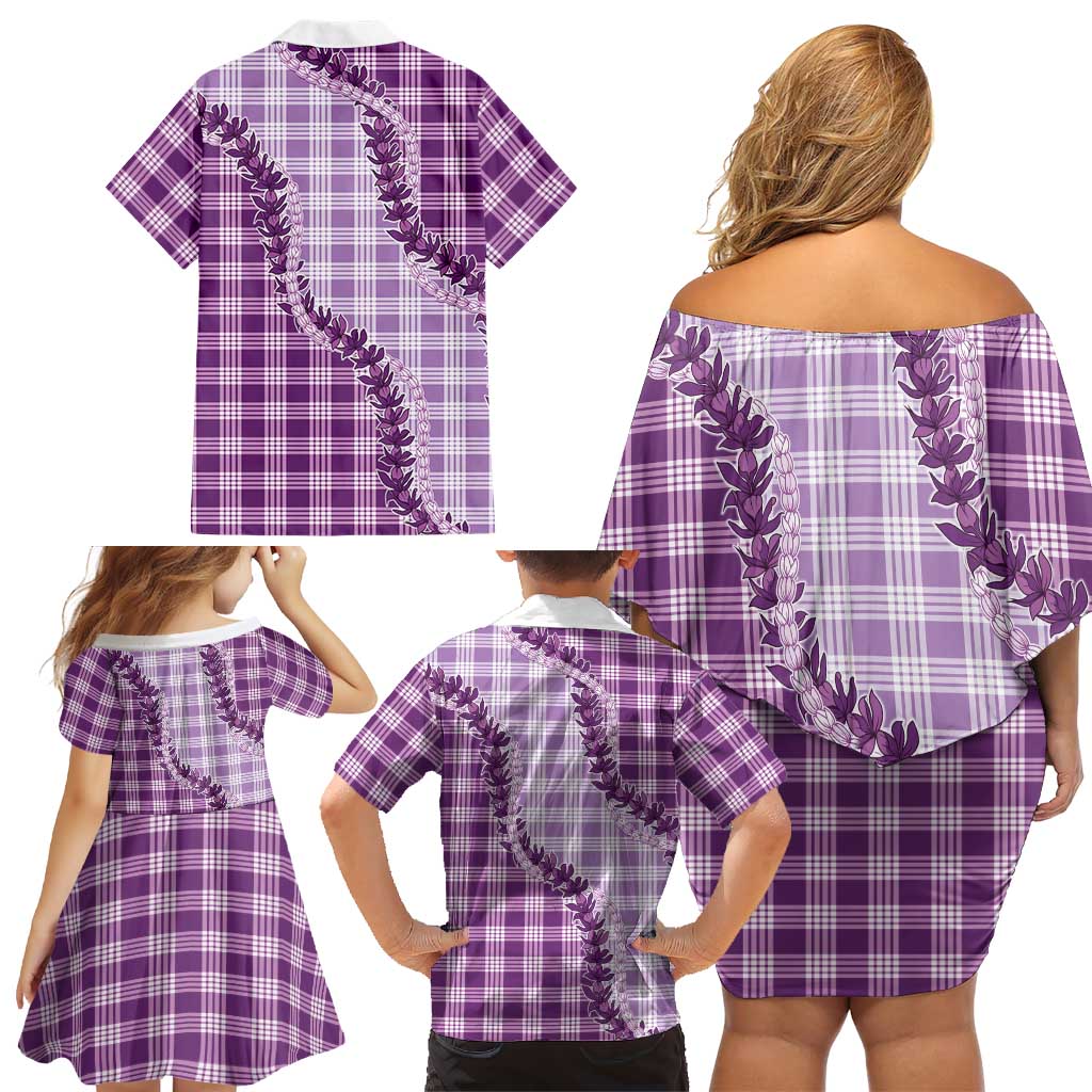 Violet Hawaii Palaka Family Matching Off Shoulder Short Dress and Hawaiian Shirt Hawaiian Pikake Lei