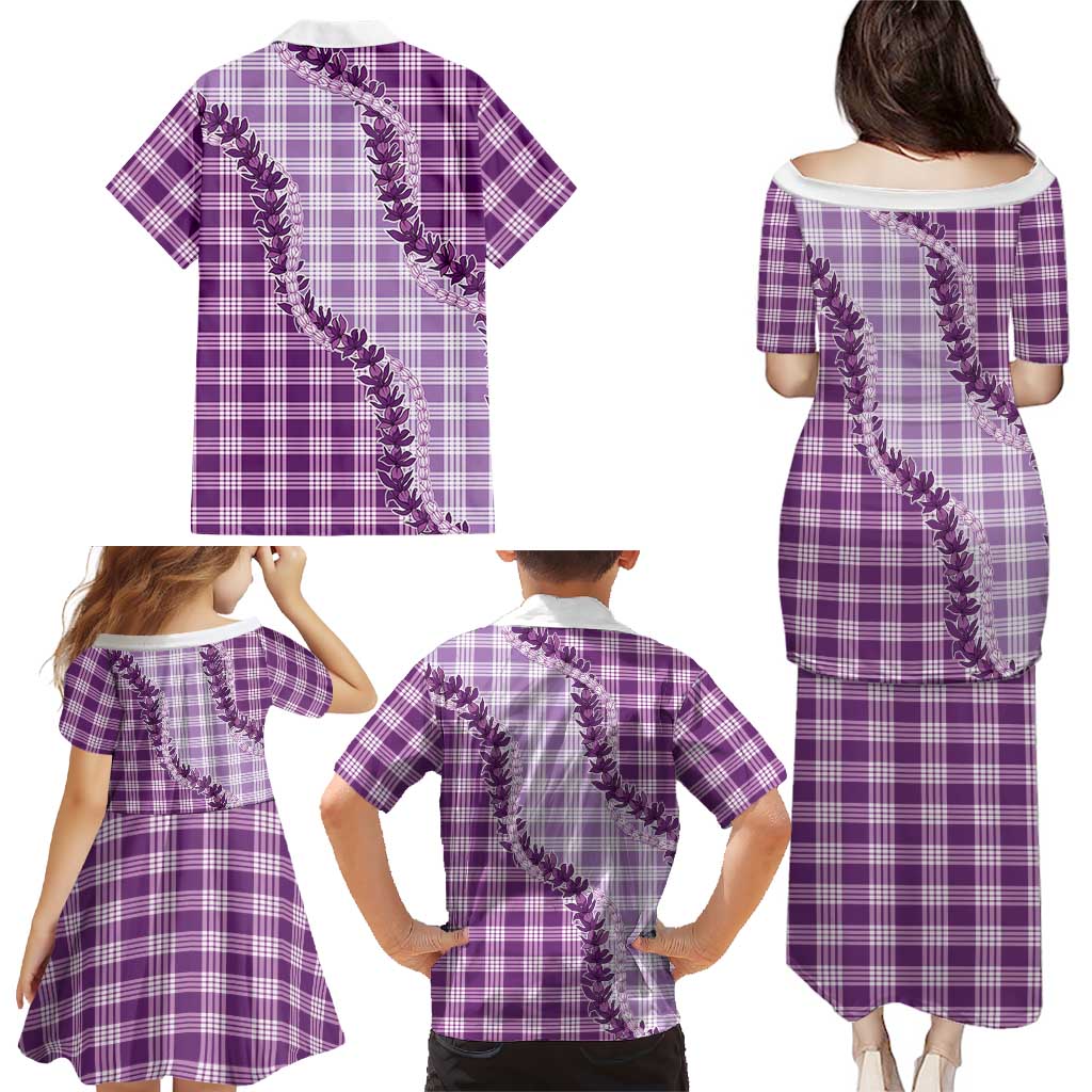 Violet Hawaii Palaka Family Matching Puletasi and Hawaiian Shirt Hawaiian Pikake Lei