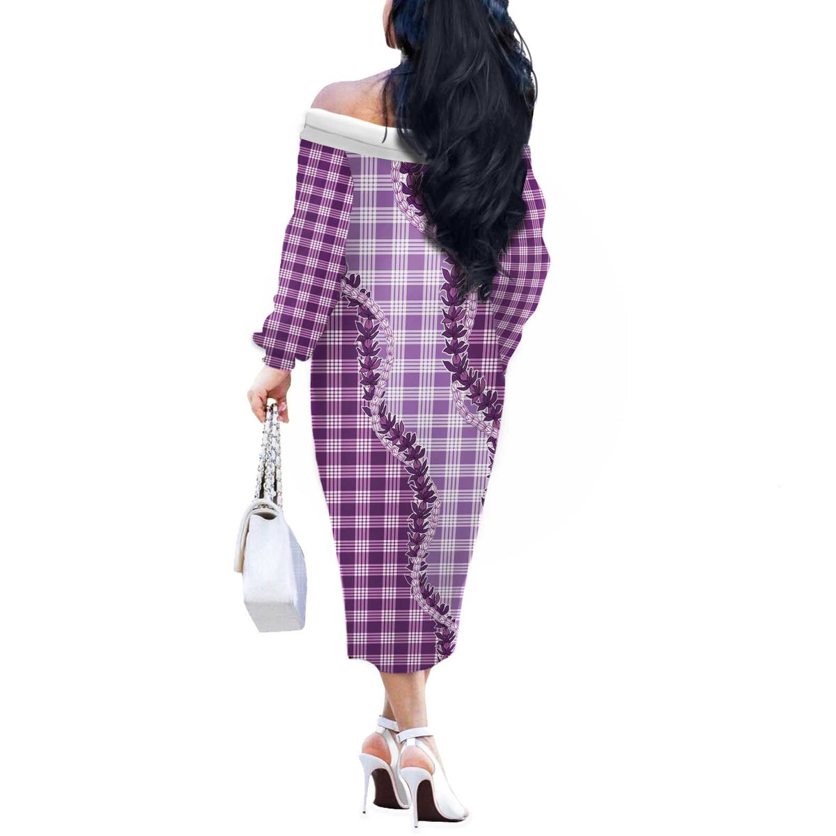 Violet Hawaii Palaka Off The Shoulder Long Sleeve Dress Hawaiian Pikake Lei