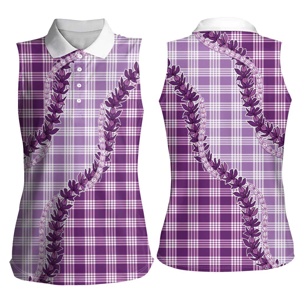 Violet Hawaii Palaka Women Sleeveless Polo Shirt Hawaiian Pikake Lei