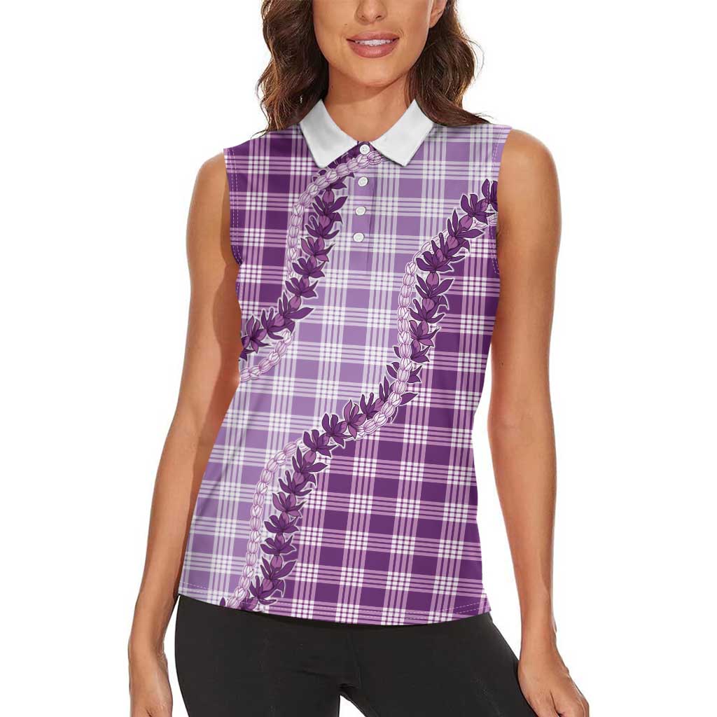 Violet Hawaii Palaka Women Sleeveless Polo Shirt Hawaiian Pikake Lei